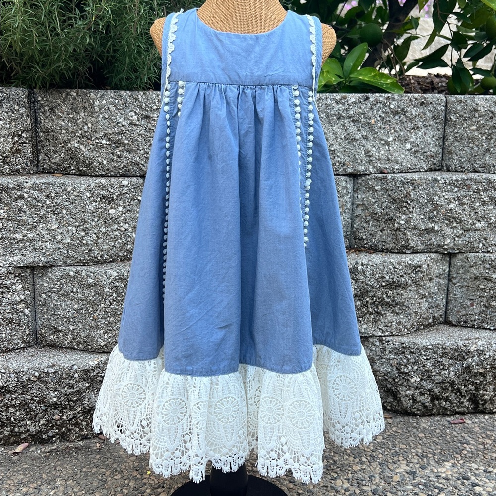 Artisan NY Cotton Blue Dress with White Lace Trim